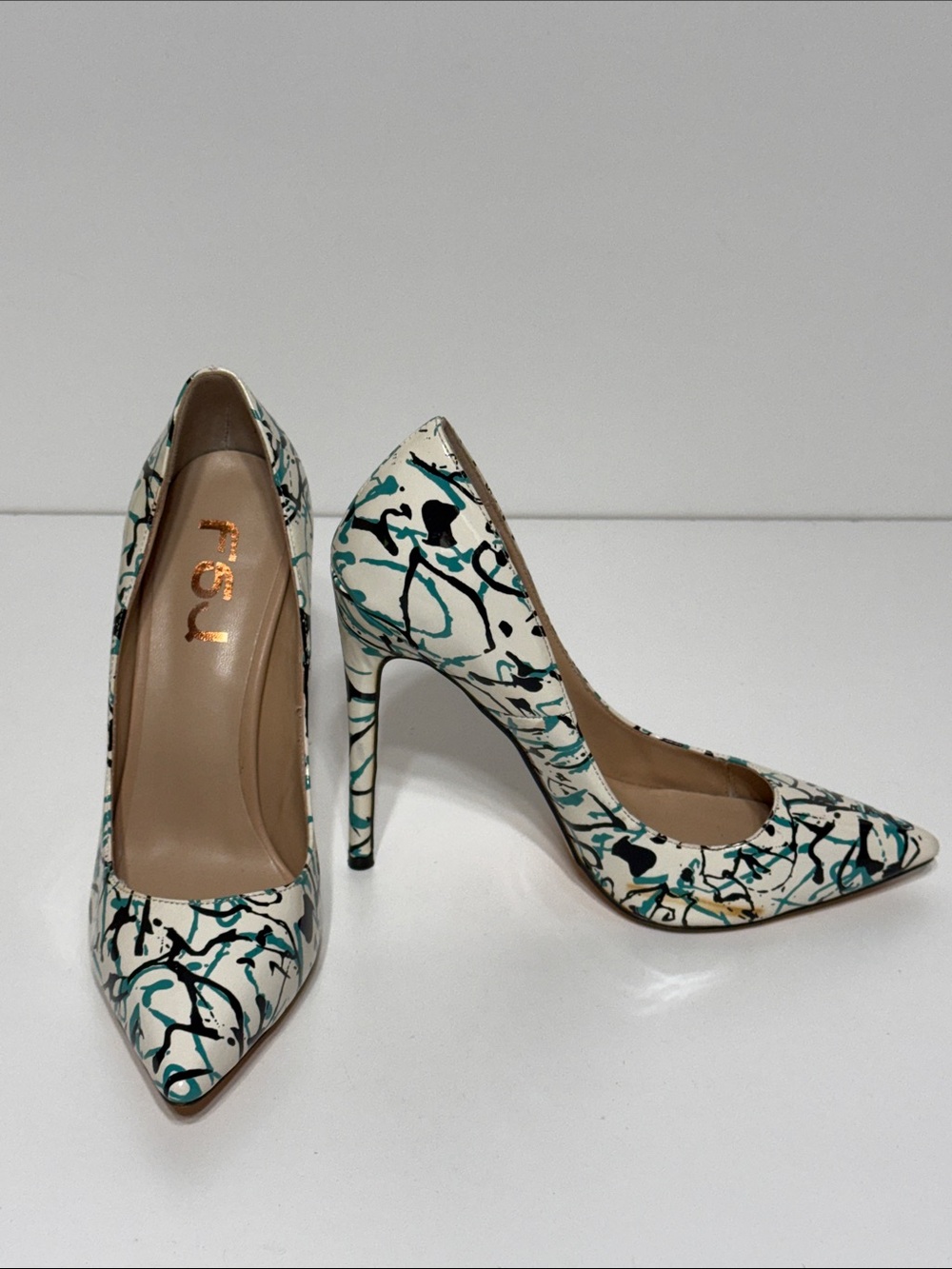 FSJ Scrawl Art Painted Patent Leather Pointed Toe Stiletto Heels Pumps